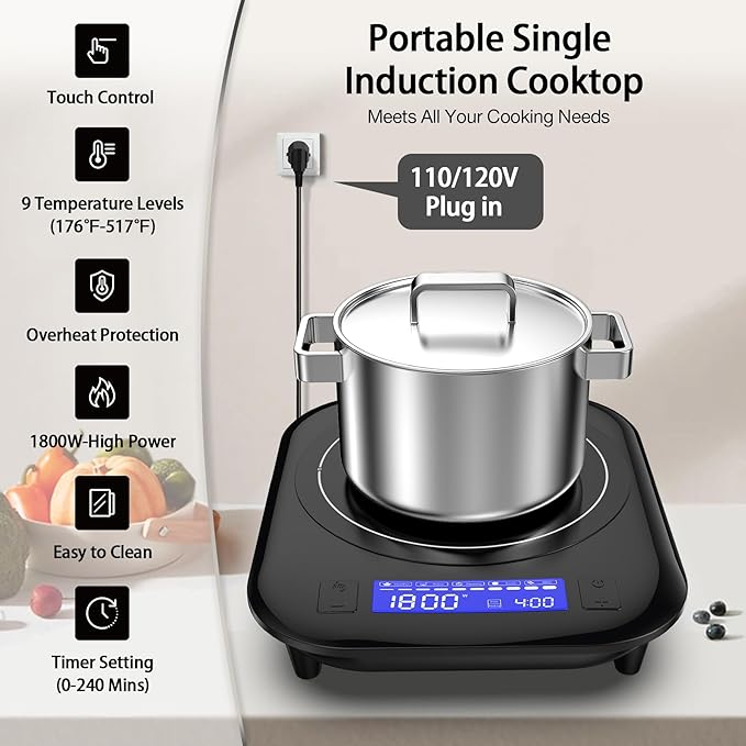 Single Induction Cooktop,1800W 110V Single Burner Cooktop,Induction Hot Plate with 5 Cooking Modes, Electric burner with LCD touch control,9 Temperature Levels & 4H Timer,Overheat protection