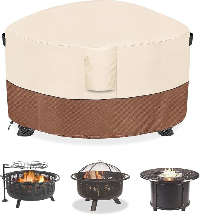 Fire Pit Cover,Outdoor Heavy Duty 600D 100% Waterproof Fire Pit Cover Round,Weatherproof Firepit Covers Round 48" Dia x 24" H,Beige & Brown