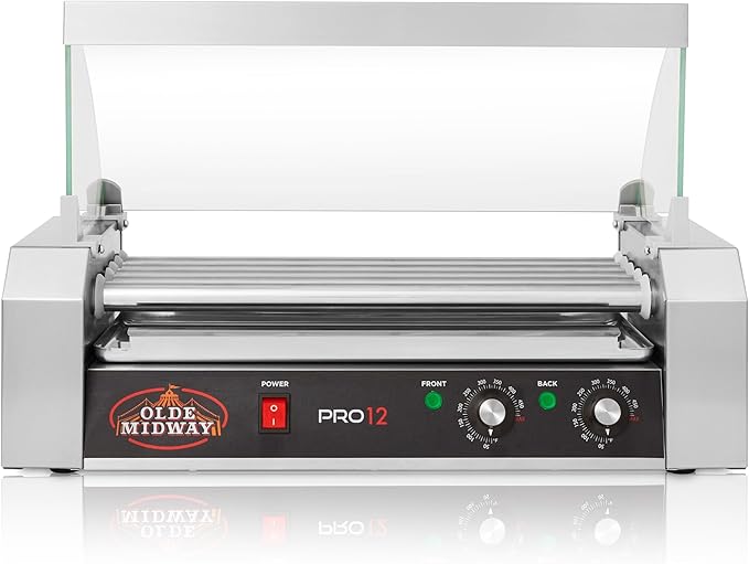 Olde Midway Electric 12 Hot Dog 5 Roller Grill Cooker Machine with Cover 700-Watt - Commercial Grade