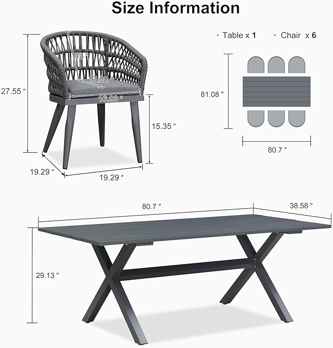 PURPLE LEAF Outdoor Dining Set All-Weather PE Rattan Patio Dining Furniture Set with All Aluminum Frame Rectangular Table and 6 Chairs Set for Lawn Garden Backyard Deck, Grey