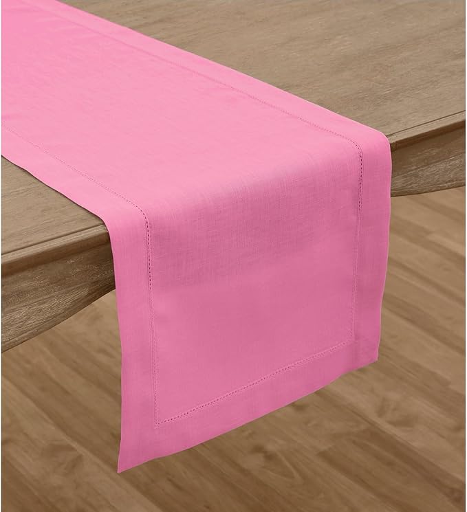 Solino Home Linen Table Runner 36 Inches - 100% Pure Linen Flamingo Pink Hemstitch Table Runner 14 x 36 Inch Ideal for Dresser and Coffee Tables, Valentines, Spring, Easter - Classic Hemstitch
