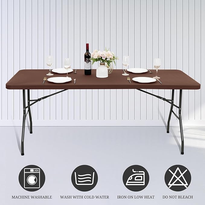 10 Pack Fitted Tablecloth for 8 Foot Rectangle Tables, Coffee Elastic Outdoor Picnic Table Cover, Washable Stretch Folding Table Cloths 8 ft for Camping Party Patio Kitchen Banquet, 30" W x 96" L