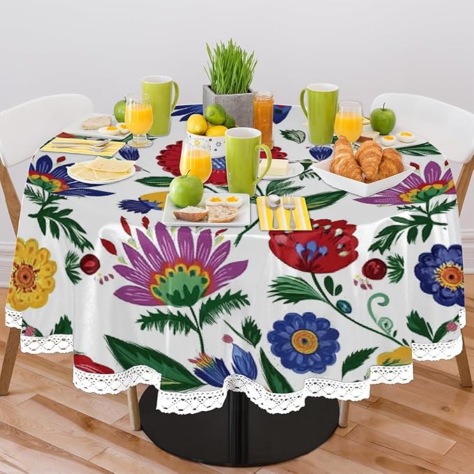 Round Tablecloth Waterproof Table Cloth for Kitchen Dinning Wedding Party Tabletop Decor,Exotic Mexican Flower Leaves Table Cover with Lace Trim,60 Inch