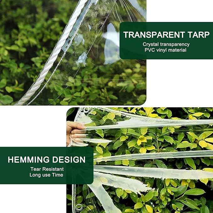 Clear Tarp with Grommets,6x8ft Transparent Heavy Duty Water Resistant Tarp Cover with Reinforced Edge,14Mil Thickened Tear Resistant PVC Vinyl Tarpaulin Enclosure for Patio,Porch and Outdoor