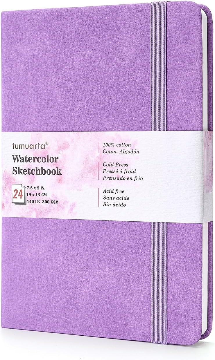 tumuarta 100% Cotton Watercolor Journal Sketchbook, Cold Press, 7.5x5 in, 140 LB, 300GSM, Acid Free, 24 Sheets,48 Pages, Watercolor Journal for Use As Travel Notebook and Mixed Media Pad On The Go