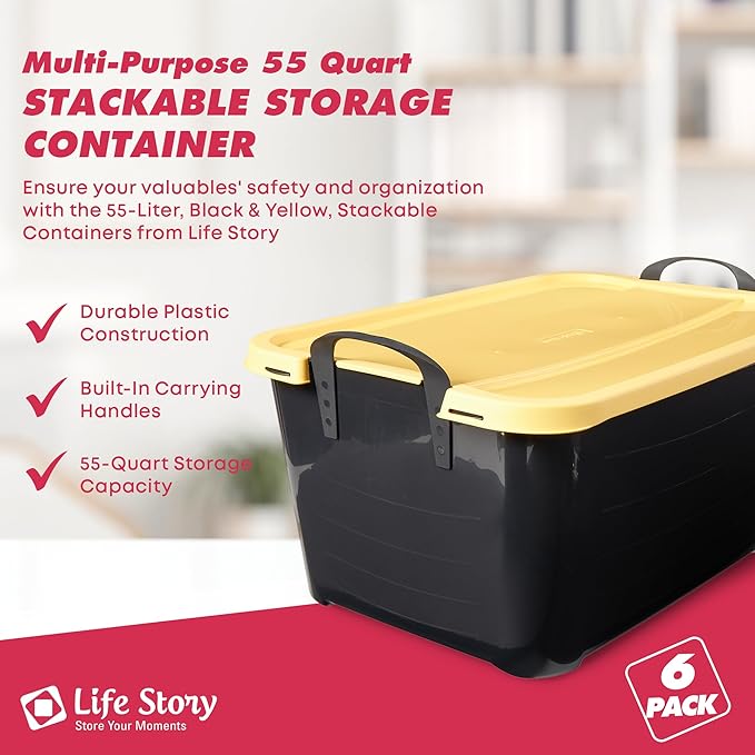Life Story 6 Pack Heavy Duty Stackable Storage Bin, 55 Quart Home Organizer, Versatile Lightweight Locking Bins with Carrying Handles, Black/ Yellow