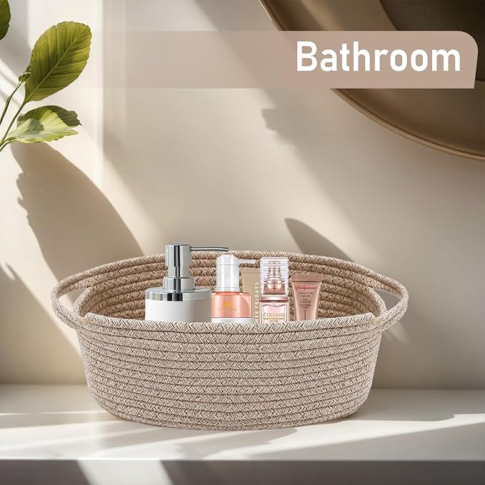 Woven Basket,Small Rope Storage Bin with Handles & Ribbon Bag, Organizer for Shelves Closets,Gift Basket Empty for Birthday,Books,Dog Toys,Oatmeal