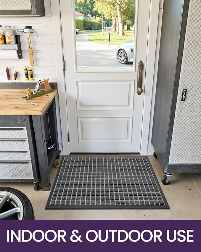 DEXI Front Door Mat Outside Entrance, 17x29 Rubber Entry Doormat Heavy Duty, Welcome Mats Non Slip for Inside House Floor Entryway Double Doors Exterior Patio, Checkered Grey