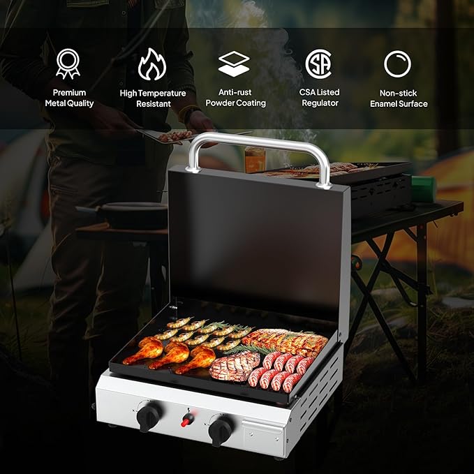 Bonnlo 2 Burner Portable Propane Griddle with Lid, 20000BTU Tabletop Flat Gas Grill with Ignition and Oil Collector, Camping Griddle for Outdoor Cooking Patio Backyard Sandbeach BBQ Party