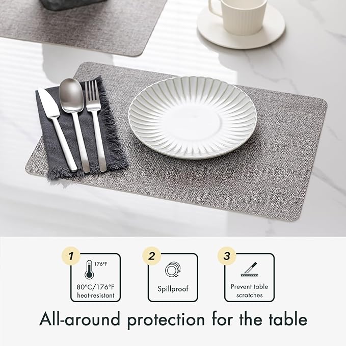 Faux Leather Placemats Set of 6 Vinyl Washable Wipeable Table Mats for Kitchen Dining Table Heat Resistant Waterproof Modern Indoor/Outdoor Placemats Non-Slip Easy Clean Place Mats (Mid Gray)