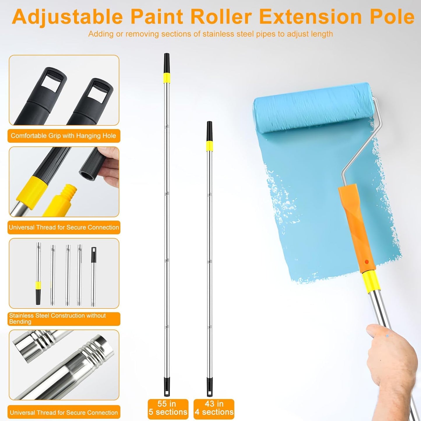 Paint Roller Kit with Extension Pole, Paint Brushes Set for Walls, Painting Supplies for Home Interior with Paint Brush, Paint Rollers, Paint Tray, Paint Tray Liner, Scraper etc.