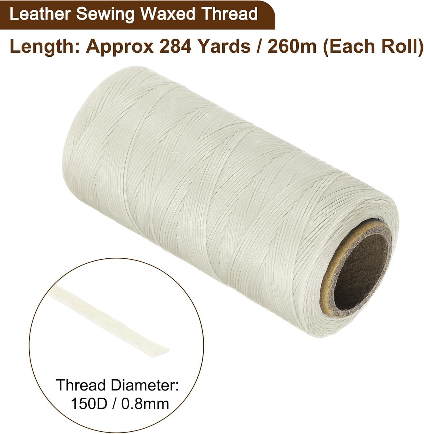 uxcell 150D 0.8mm Flat Waxed Thread 284 Yards Polyester Leather Sewing Waxed String Hand Stitching Waxed Cord for Leather Stitching Sewing Bookbinding DIY Craft Creamy White