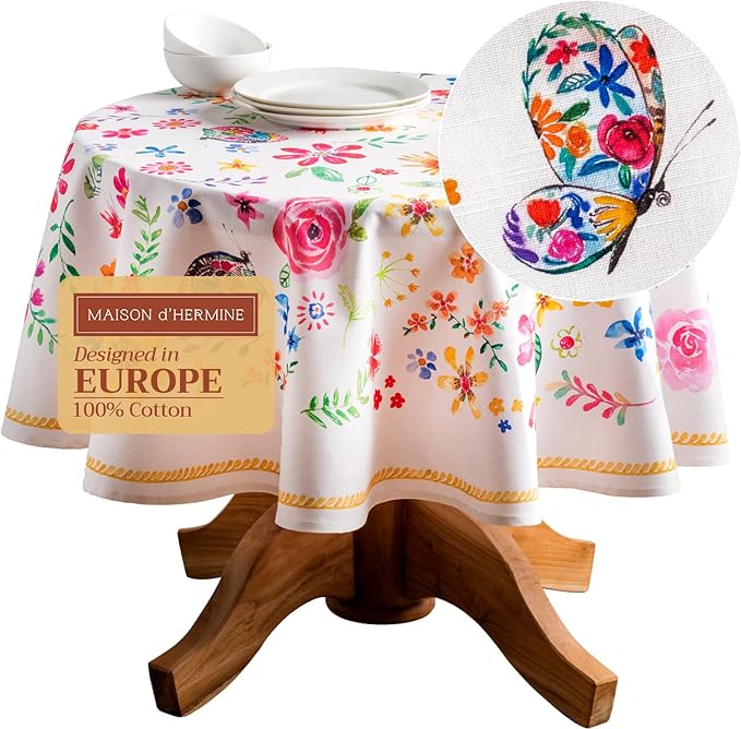 Maison d' Hermine Table Cloth Round Table 100% Cotton 63 Inches Tablecloth Reusable Decorative for Dining Room, Farmhouse, Home, Party, Festive & Wedding Spring Summer - Happy Florals - Sweety