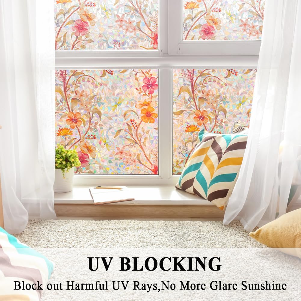 Stained Glass Window Film Static Cling Door Privacy Film Decorative Flowers Red Leaves Window Decals Stickers Heat Control Anti UV for Home and Office,17.5 inches by 78.7 inches