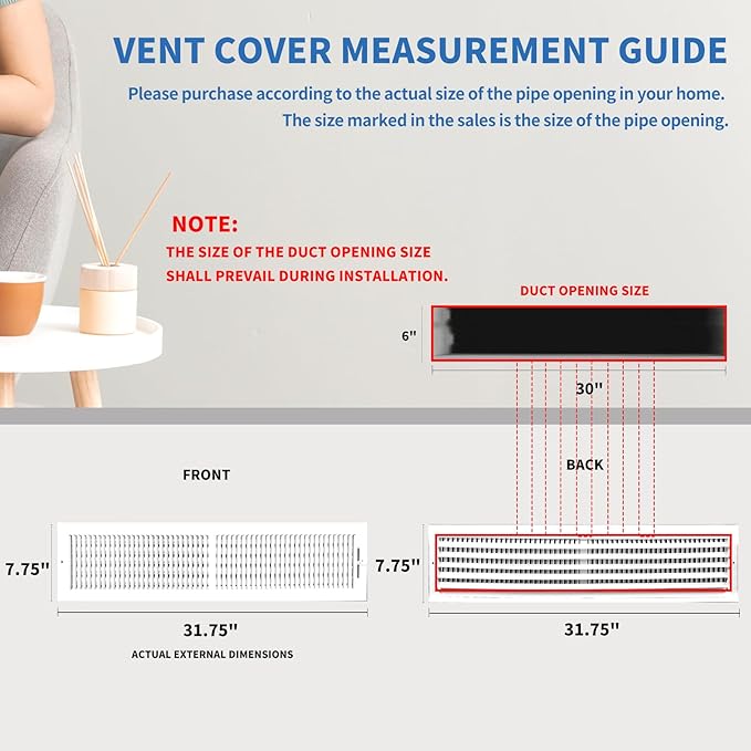 30x6 Vent Register [Duct Opening], Vent Covers for Home Ceiling, Two-Way Ventilation Register, Adjustable Solid Steel Wall Register Vent Cover (30"W x6"H [Duct Opening])
