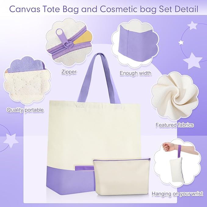 Sanwuta 24 Pcs Canvas Tote Bags Bulk with Zipper Cosmetic Bags 18.5" Cotton Canvas Bag with Handles Reusable Shopping Bags
