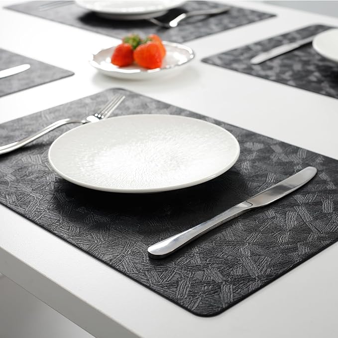 Vinyl Placemats Set of 4 Heat Resistant Easy Clean Non-Slip Place Mats for Dining Table. Faux Leather Waterproof Stain Resistant Wipeable Washable PU Table Mats(4, Black)