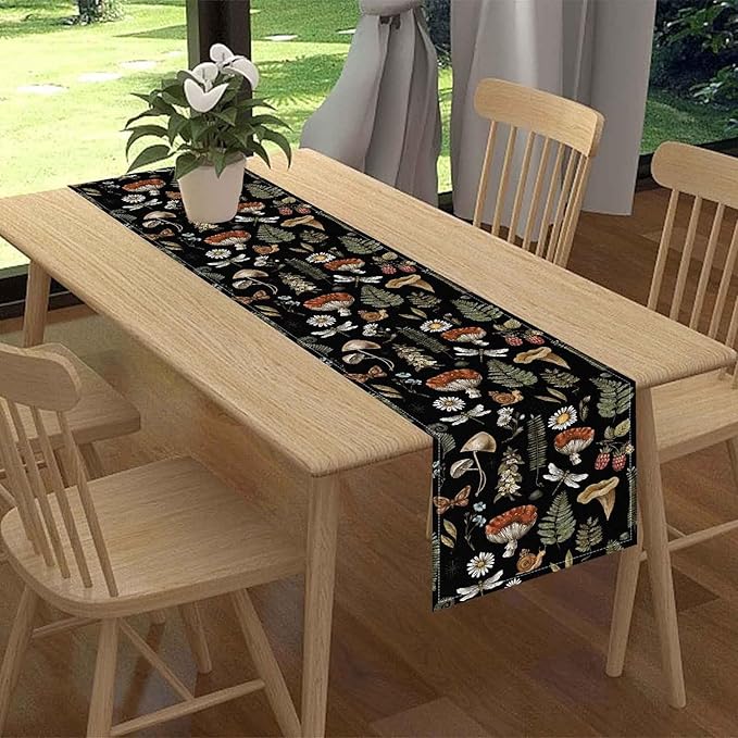 Mushroom Table Runner, Rustic Farmhouse Forest Plants Botanical Country Black Coffee Table Center Decor for Home Kitchen Dining Patio Holiday Party Indoor Outdoor Table Decorations, 13"x36" Inch