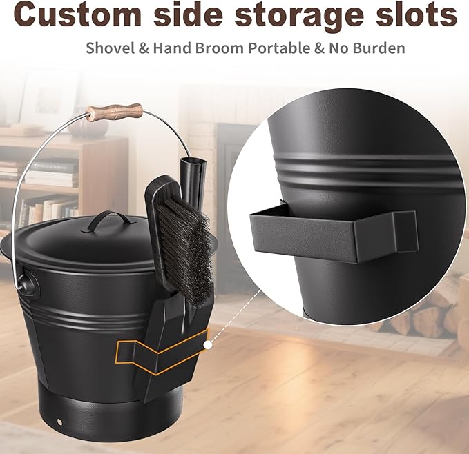AMAGABELI GARDEN & HOME XL 3-Gallon Metal Ash Bucket with Lid Shovel Broom for Coal Ash Can Fire Pit Charcoal Fireplace Bucket Essential Tools for Indoor Outdoor Wood Burning Stove Hearth Accessories