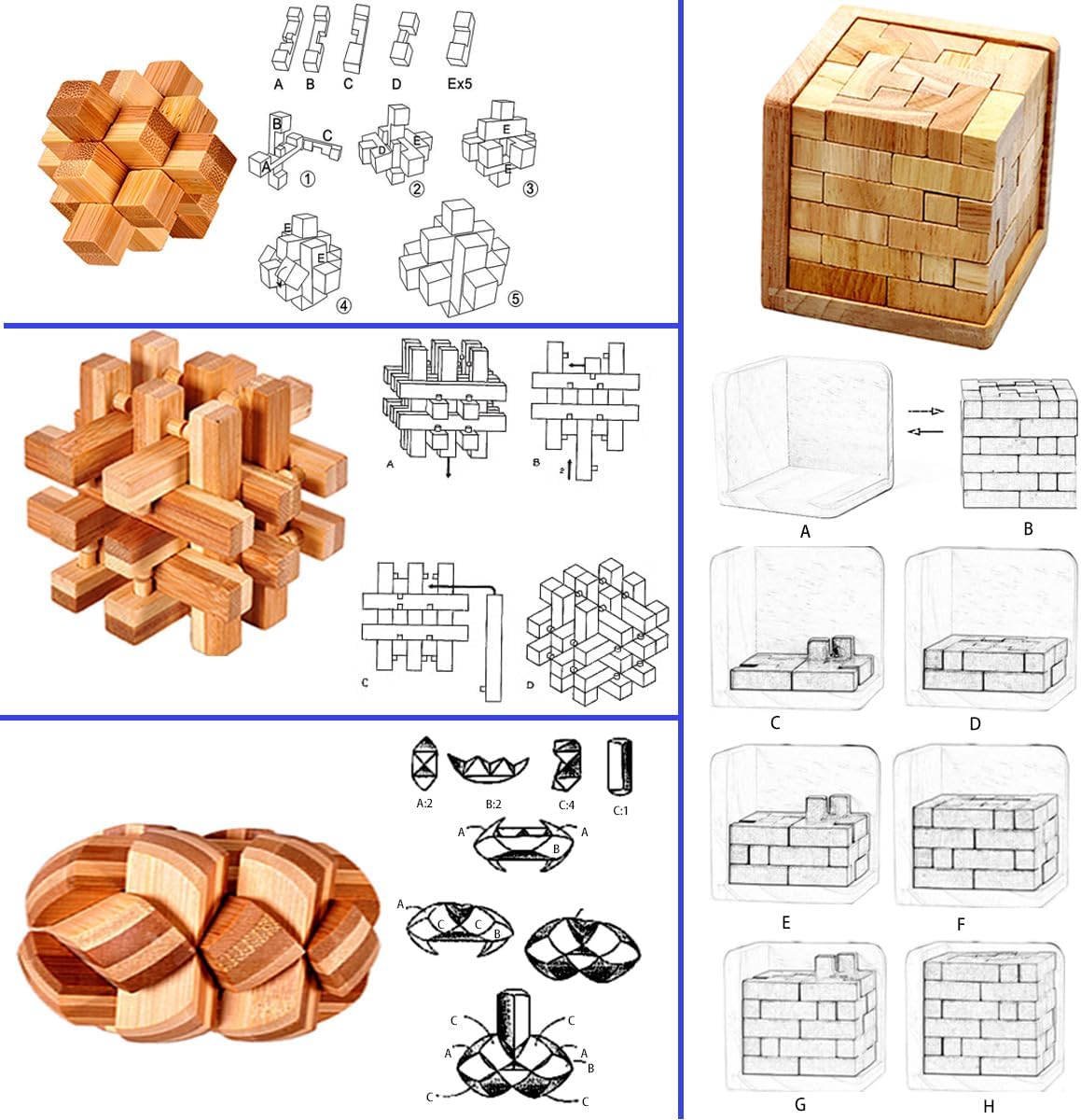 18 Pack Wooden Brain Teaser Puzzles Stress Relief Toys Wooden Burr Puzzles Brain Teaser Puzzle with Gift Packing Box Magic Puzzle Games Toy for Kids and Adults by AHYUAN (Bamboo)