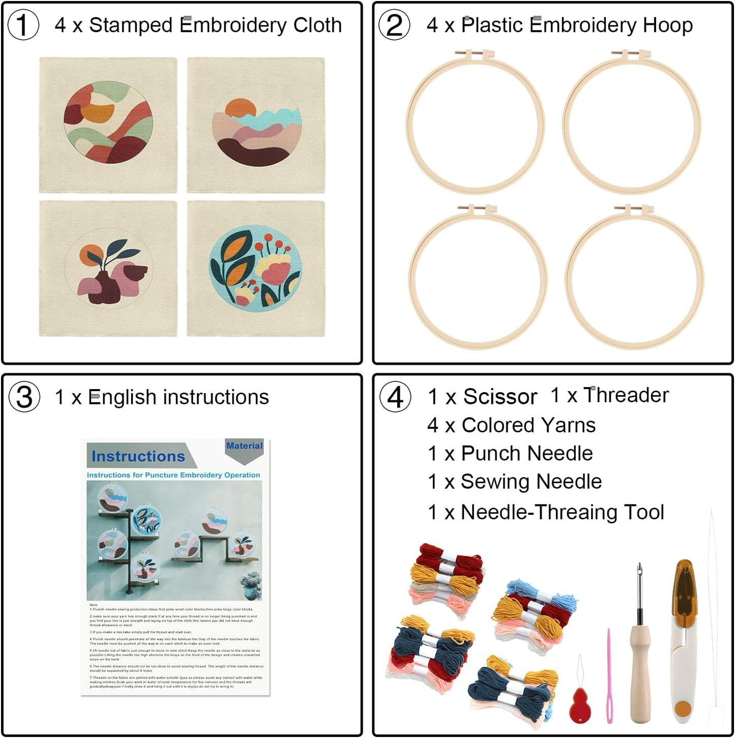 Anidaroel 4 Sets Punch Needle Kit, Punch Needles Kits for Adults Beginner, Needle Punch Kit, Punch Needle Tool with Stamped Fabric, Hoops, Yarns and Sewing Needle