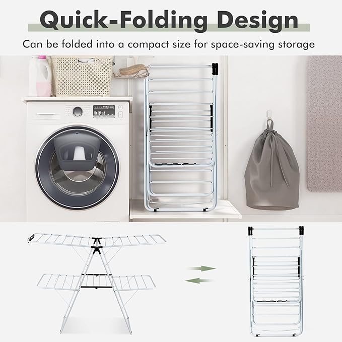 GOFLAME 2-Tier Clothes Drying Rack, Folding Laundry Dry Rack with Adjustable Supporting Bar, 26 Premium Clips, Space-Saving & Collapsible Laundry Hanger for Easy Storage, No Assembly Needed