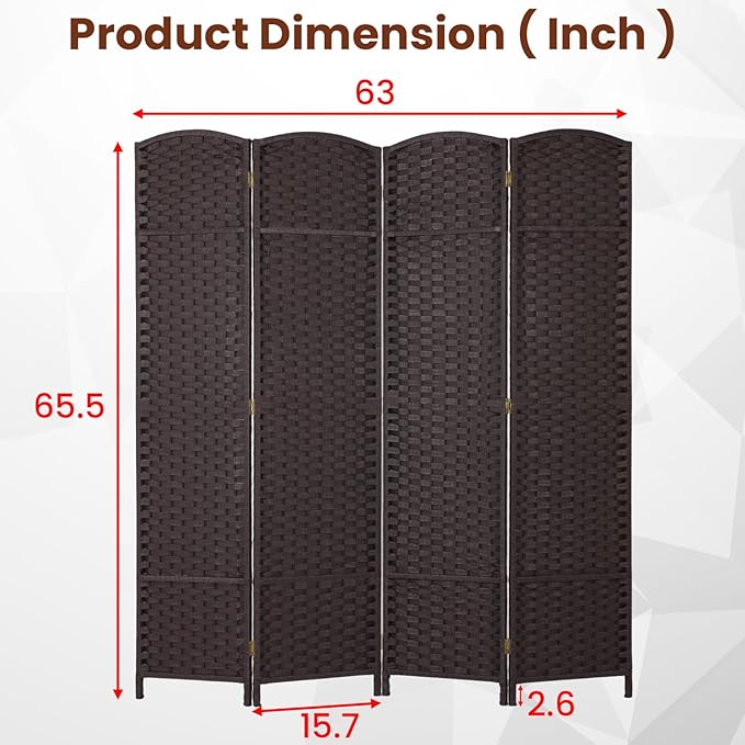 FDW Room Divider 4 Panel Screen 5.6 Ft Tall Partition Privacy Screens Folding Room Separation Free Standing Waterproof Wood Frame Wall Divider, Dark Brown