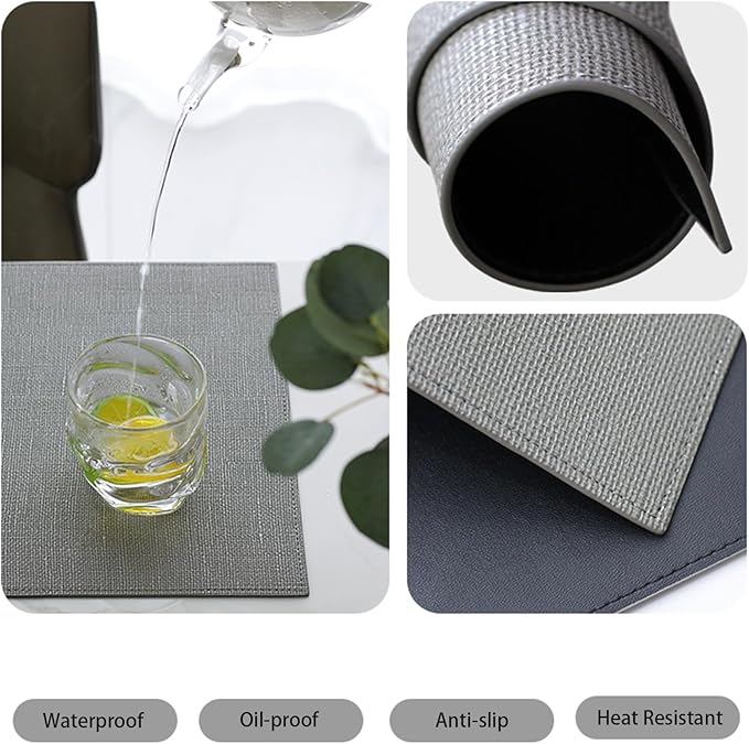 Faux Leather Placemats for Round Table, Waterproof Oil-Proof Wipeable Reversible Dining Table Place Mats Set of 6, Heat Resistant PU Table Mats for Dinner Party Table Decoration, Grey