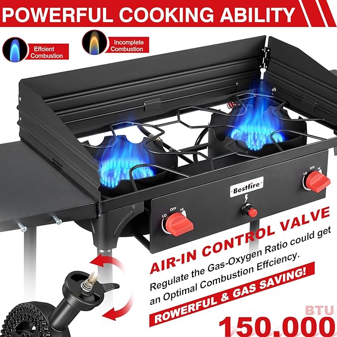 Bestfire 2 Burner Camping Stove with Windpanel& Side Shelves, Bag, Auto Ignition Button,Regulator,150,000 BTU Camping Stove Propane Burner With Removable Legs for Outdoor BBQ&Backyard