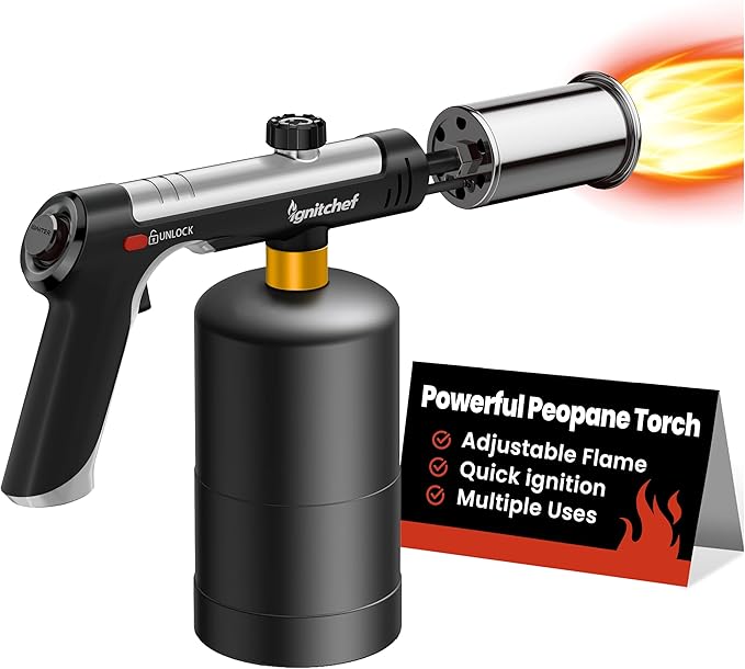 Powerful Propane Torch Head, Culinary Torch Lighter, Kitchen Cooking Torch, Adjustable Blow Torch for Sous Vide Searing Steak, Grill, Charcoal Starter, Campfire(Propane Tank Not Included)