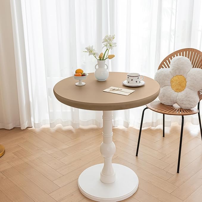 Round Fitted PU Tablecloth with High Elastic Edge 31 Inch Dia Waterproof Oil Proof Table Cloth Anti-scald Stain-Resistant Wipeable Table Cover for Indoor Outdoor Picnic (Cream Coffee,31"Dia)