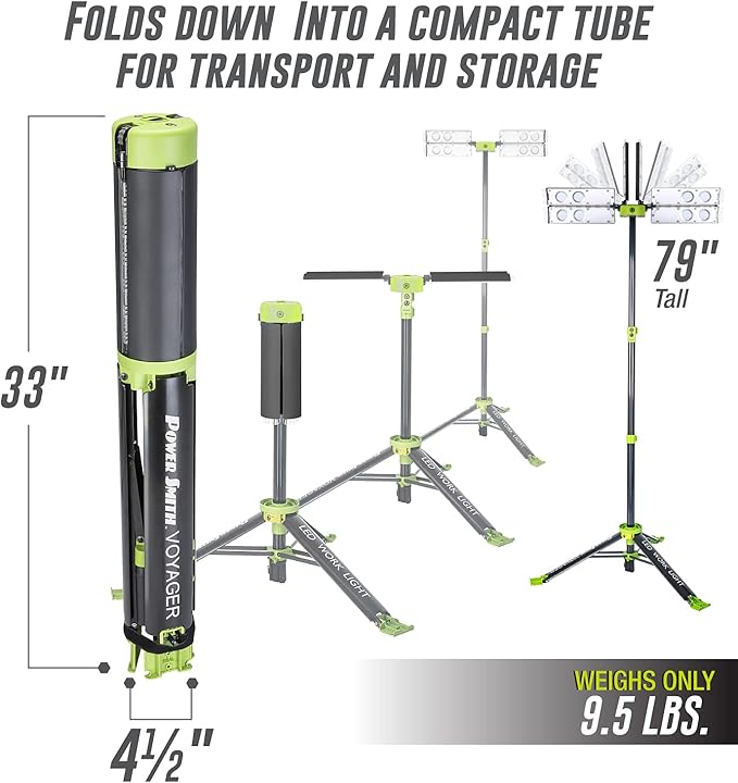 PowerSmith Voyager PVLR8000A-C 8000 Lumen Collapsible Cordless Tripod LED Work Light. BARE Light Only. 3-Way Power. AC or DC Adaptor or Battery Needed to Use Light