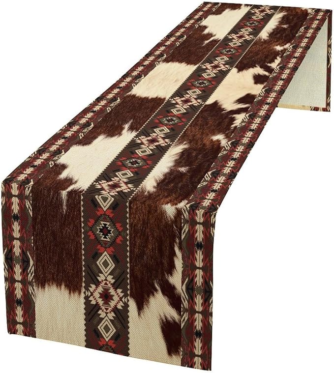Cowhide Table Runner, Brown Cow Western Exotic Aztec Wild Animals Skin Table Runner for Kitchen Farmhouse Dining Home Outdoor Party 13x108in
