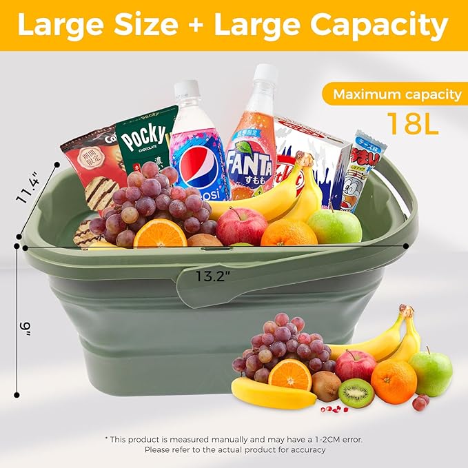 Picnic Basket for 2 Person, Foldable Bucket with Lid and Handles, Portable Outdoor Storage Bucket, 18 Liters, Ideal for Camping、Outdoors and Car Trunks (Green)
