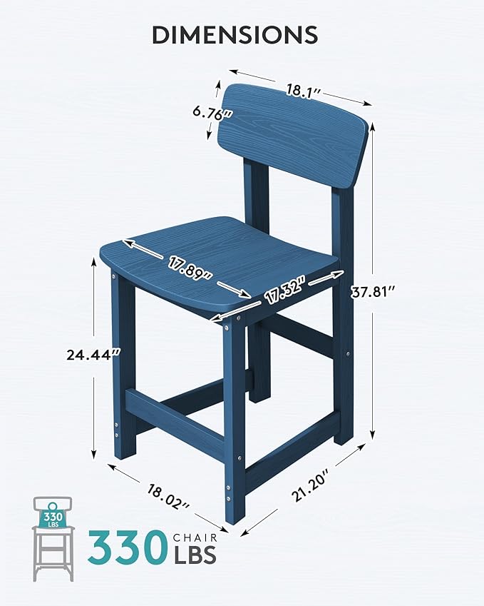 SERWALL Outdoor Bar Stools Set of 2, All Weather HDPE 25" Counter Height Bar Stools with Back, Outdoor Armless Barstools for Patio, Garden, Backyard, Balcony, Poolside, Blue