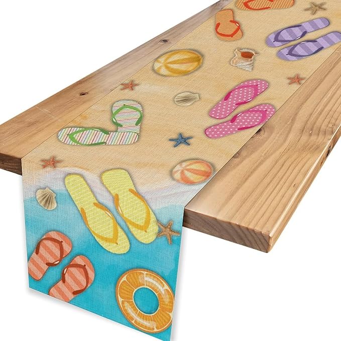 Blue Sea Waves Starfish Table Runner, Tropical Summer Flower Clear Sea Water Coffee Table Center Decor for Family Kitchen Wedding Party and Living Room Farmhouse Table Decorations, 13" X 36"