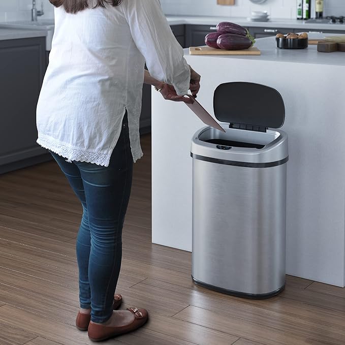 iTouchless 13 Gallon Automatic Sensor Trash Can with AbsorbX Odor Filter, Stainless Steel Kitchen Garbage Bin, Fingerprint-Proof, Hands-Free Operation, Oval