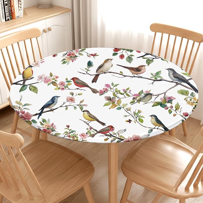 Spring Summer Round Fitted Tablecloth with Elastic Edge Bird Floral Easter Circle Table Cloth for 40-44" Round Tables Wipeable Waterproof Hummingbird Flower Table Cover for Outdoor Picnic Dining Decor