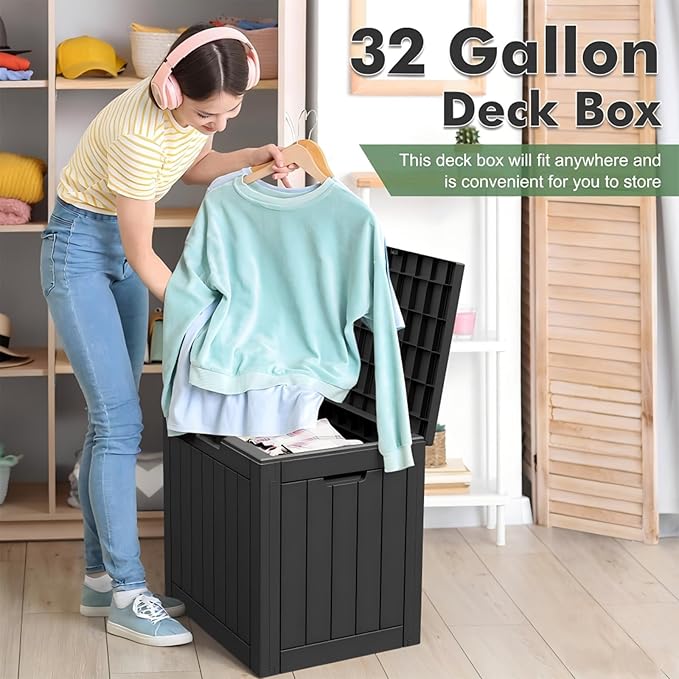 Outdoor Storage Deck Box Waterproof,Garden Tool,Backyard Cushion,Poolside Storage,Small Resin Delivery Boxes for Outside,Lockable Lid (32 Gallon, Black)