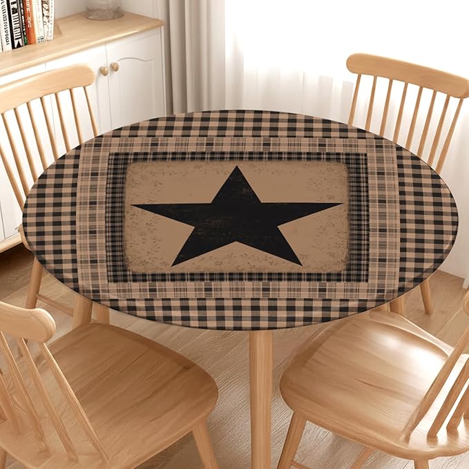 Western Texas Star Round Fitted Tablecloth with Elastic Vintage Black Brown Plaid Circle Table Cover for 44-48" Round Tables Stretch Waterproof Rustic Country Table Cloth for Kitchen Dining Patio