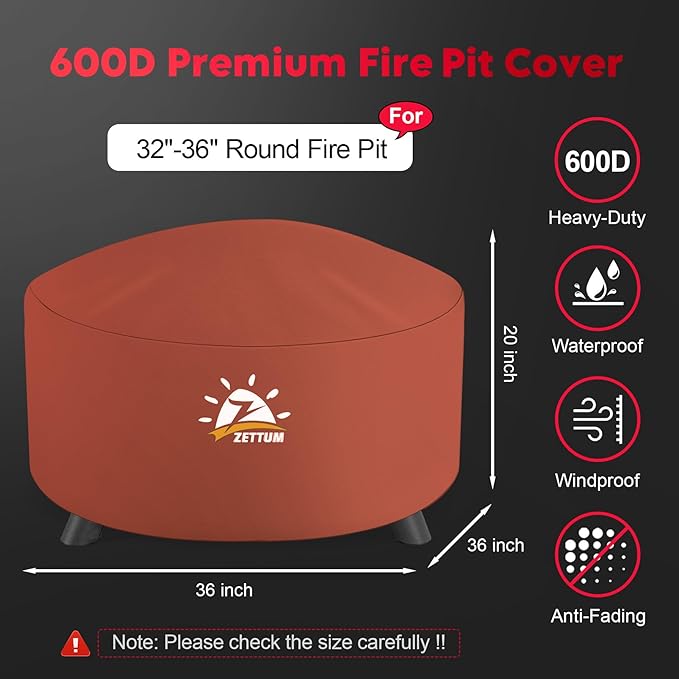 Zettum Fire Pit Cover Round 36 Inch - Outdoor Firepit Cover Heavy Duty & Waterproof, 600D Patio Fire Table Covers Gas Fire Pit Accessories Fade & Weather Resistant Brown - 36 x 36 x 20 Inch