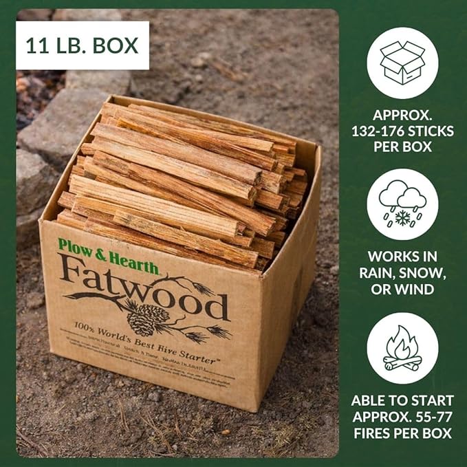 Plow & Hearth 11 LBS Fatwood Fire Starter Sticks Organic Kindling, Easy Ignition Fat Wood, All Natural Firestarters for Fire Pit, Wood Stoves, Fireplaces, Campfires, Bonfires, BBQ