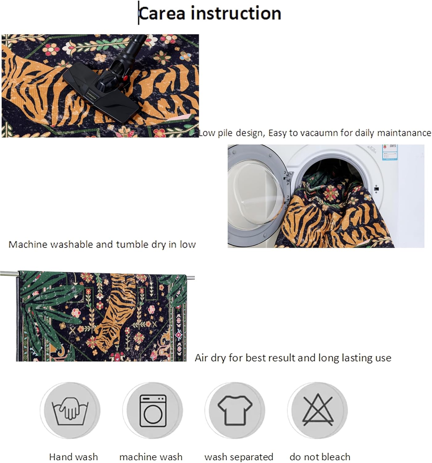 Oriental Tropical Washable Rugs, Stain Resistant Black Boho Vintage Hippie 6x9 Area Rugs for Dining Living Room Office Dorm Entryway, Abstract Botanical Tribal Indian Accent Bedroom Carpet