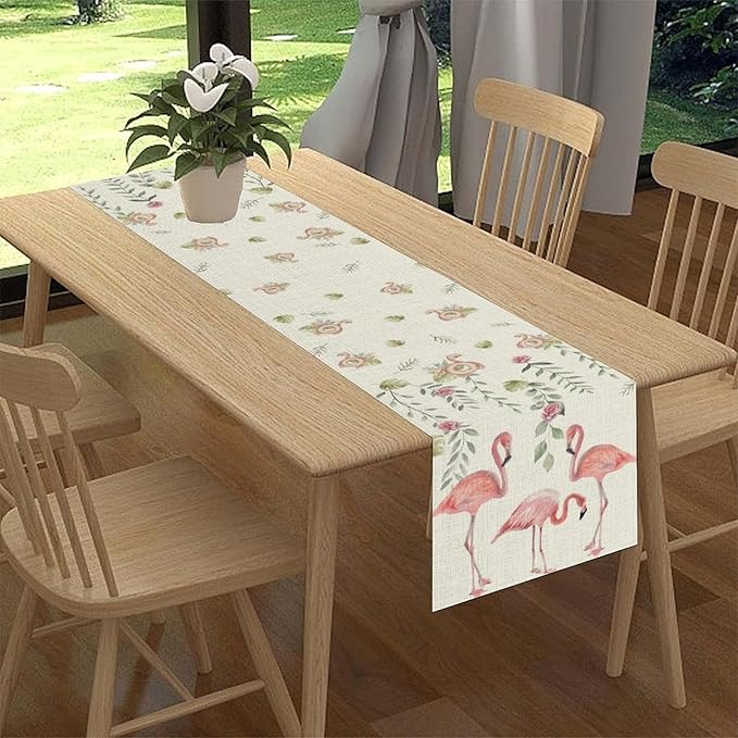 Flamingo Table Runner,Rustic Boho Grey Leaf Pink Rose Floral Tropical Bird Pattern Table Center Decor for Family Kitchen and Living Room Outdoor Farmhouse Party Table Decorations, 13"x90"