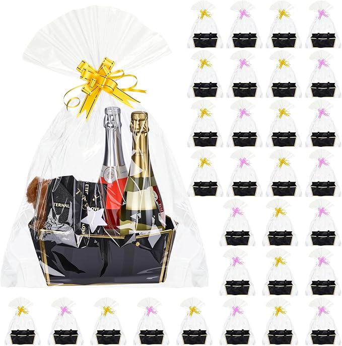 Tuanse 30 Pcs Basket for Gift Empty DIY Bulk Gift Basket Kit with Handle Kraft Cardboard Tray with 30 Bag 30 Bow Market Tray for Wedding Party(Black Gold,9.8 x 6.7 x 4.3 in)