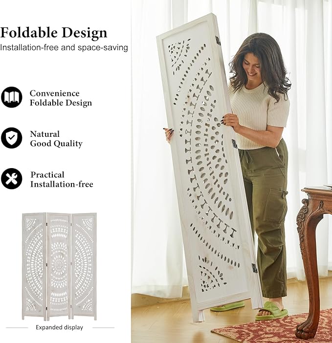 Room Divider Wood Carved Wall Divider Indoor Folding Bohemian Style Portable Partition Screen for Home Office Garden Terrace - 3 Panels (Antique, White-Washed)
