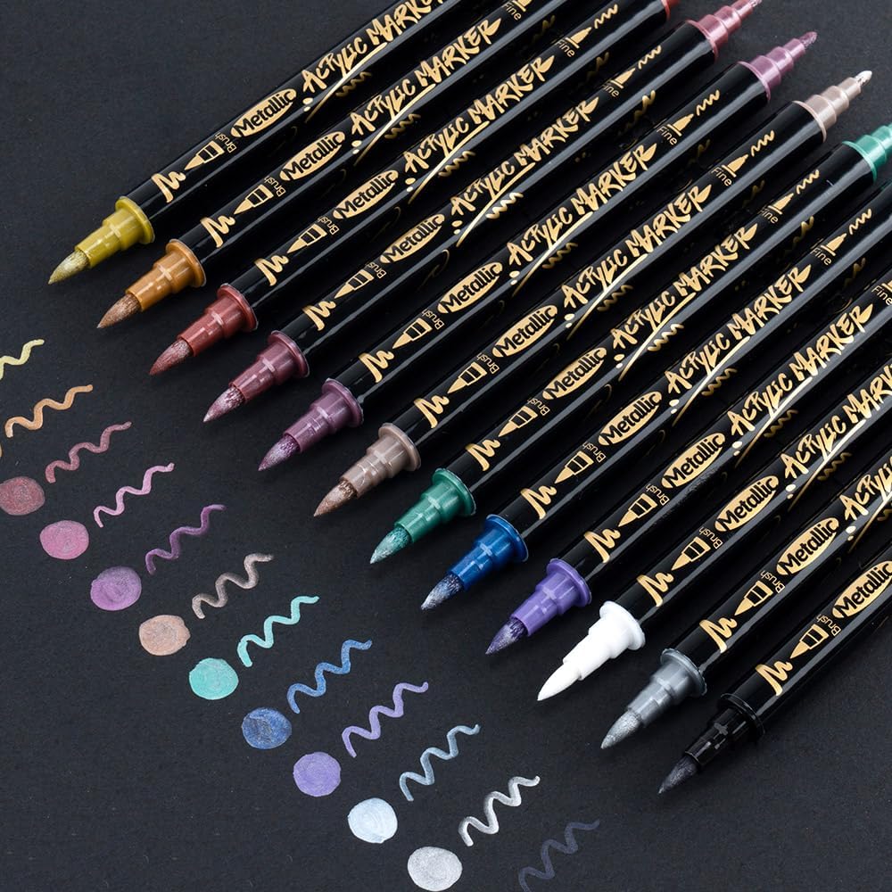 TRANSON 12Colors Metallic Paint Markers Brush and Fine Dual-tip for Rock Wood Ceramic Canvas DIY Painting Drawing