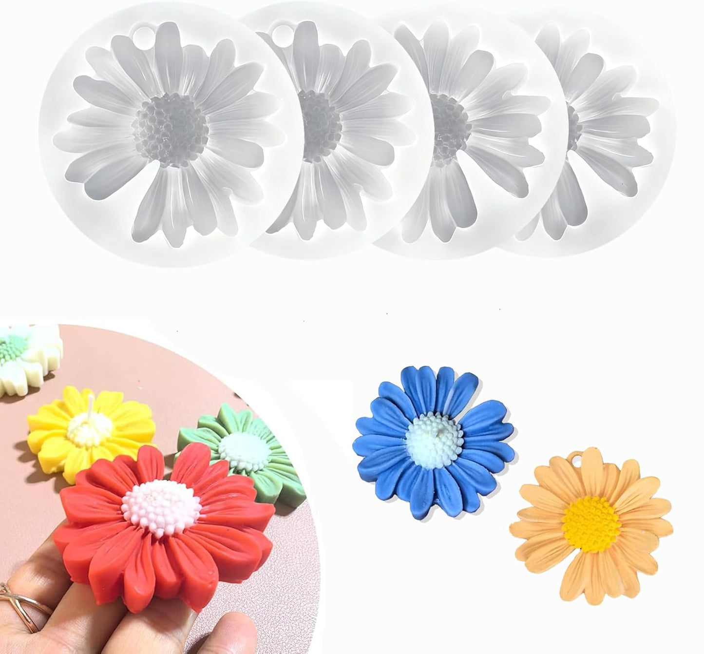 4 Pcs Daisy Flower Silicone Molds for Candles, 3D Flower Fondant Chocolate Cake Cupcake Topper Decoration Mold, Unique Resin Candle Molds DIY Soap Mold