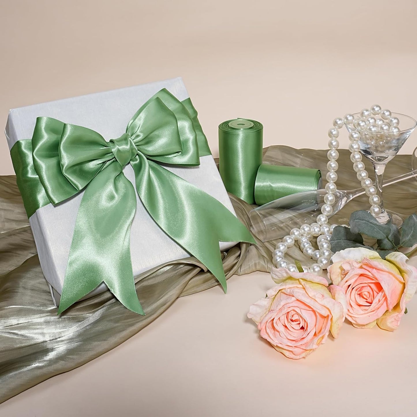 LaRibbons Sage Green Satin Ribbon 4 Inch 10 Yards Double Faced Luxury Light Green Silk Ribbon for Gift Wrapping Flower Bouquets Bow Christmas Wedding Party Decoration