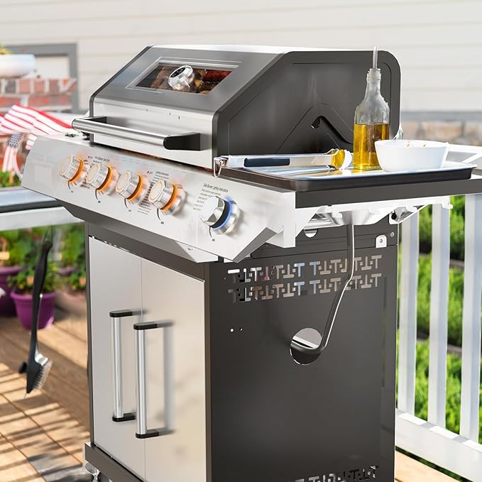 4 Led Burner Propane Gas Grill with Side Burner & & Visual Glass, Stainless Steel Gas Grill with Enameled Cast Iron Grates, 60,000 BTUs Output for Outdoor Cooking and Patio Backyard Barbecue